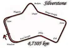 1952 to 1973: following the move of the pit area. Lap record: Ronnie Peterson, Lotus-Ford, 1:16.3 (1973 British Grand Prix)