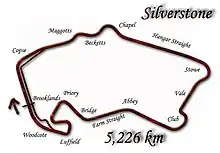 1991 to 1993: with every corner except for Woodcote & Abbey redesigned. Using the new Becketts, Vale, Priory and Luffield corner complexes and elevation changes throughout the track. Lap record: Nigel Mansell, Williams- Renault, 1:18.965 (1992 British Grand Prix)