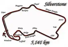 2000 to 2009: with the reprofiled Luffield complex reduced to one corner. Lap record: Michael Schumacher, Ferrari, 1:18.739, (2004 British Grand Prix)