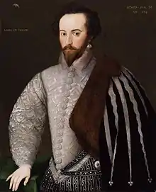 Portrait of Sir Walter Raleigh inscribed right: Aetatis suae 34 An(no) 1588 ("In the year 1588 of his age 34") and left: with his motto Amore et Virtute ("By Love and Virtue"). National Portrait Gallery, London, NPG 7