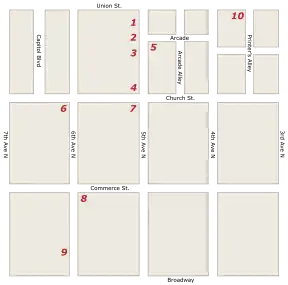 Map with numbers showing all the stores in Nashville where students sat in