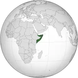 Area controlled by Somalia shown in dark green; claimed but uncontrolled region (Somaliland) shown in light green