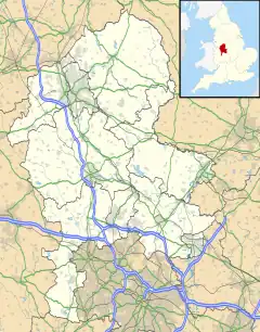 A map of the county of Staffordshire, with a red dot showing the position of Stafford