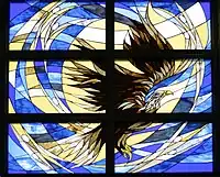 The Bald Eagle, Dryden High School, USA. Dynamic figures are unusual in stained glass