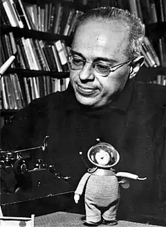 Stanisław Lem and toy cosmonaut in 1966