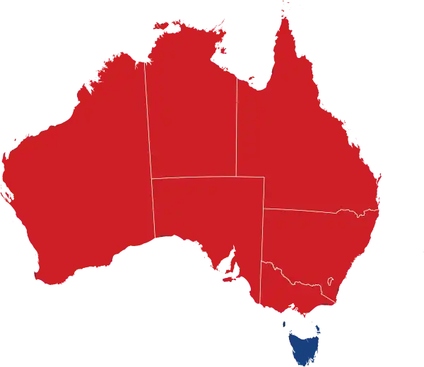 Premiers by party in each state and territory (red = Labor; blue = Liberal).