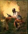 Painting of a black man reading a newspaper with the headline "Presidential Proclamation/Slavery" (1863)