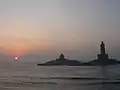 Sunrise with Vivekananda Rock Memorial and Thiruvalluvar Statue