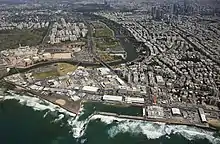 the Yarkon River Peninsula with the port and the Orient Fair area