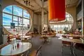 The cafe's dining area, two stories below the Arcosanti Visitors' Center and Gallery