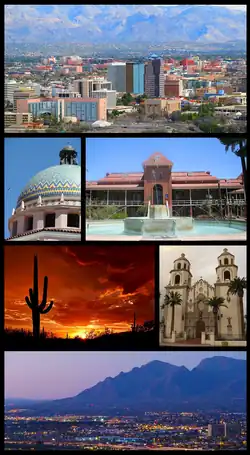 Clockwise, from the top: Downtown Tucson skyline, Old Main, University of Arizona,  St. Augustine Cathedral, Santa Catalina Mountains, Saguaro National Park, Pima County Courthouse