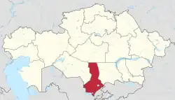 Map of Kazakhstan, location of Turkistan Region highlighted