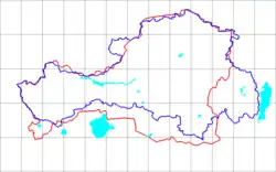 Blue line is the early border of the TPR. Red line is the Tuvan Autonomous Oblast border.