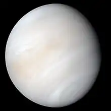 Venus in approximately true colour, a nearly uniform pale cream, although the image has been processed to bring out details..mw-parser-output cite.citation{font-style:inherit;word-wrap:break-word}.mw-parser-output .citation q{quotes:"\"""\"""'""'"}.mw-parser-output .citation:target{background-color:rgba(0,127,255,0.133)}.mw-parser-output .id-lock-free.id-lock-free a{background:url("//upload.wikimedia.org/wikipedia/commons/6/65/Lock-green.svg")right 0.1em center/9px no-repeat}body:not(.skin-timeless):not(.skin-minerva) .mw-parser-output .id-lock-free a{background-size:contain}.mw-parser-output .id-lock-limited.id-lock-limited a,.mw-parser-output .id-lock-registration.id-lock-registration a{background:url("//upload.wikimedia.org/wikipedia/commons/d/d6/Lock-gray-alt-2.svg")right 0.1em center/9px no-repeat}body:not(.skin-timeless):not(.skin-minerva) .mw-parser-output .id-lock-limited a,body:not(.skin-timeless):not(.skin-minerva) .mw-parser-output .id-lock-registration a{background-size:contain}.mw-parser-output .id-lock-subscription.id-lock-subscription a{background:url("//upload.wikimedia.org/wikipedia/commons/a/aa/Lock-red-alt-2.svg")right 0.1em center/9px no-repeat}body:not(.skin-timeless):not(.skin-minerva) .mw-parser-output .id-lock-subscription a{background-size:contain}.mw-parser-output .cs1-ws-icon a{background:url("//upload.wikimedia.org/wikipedia/commons/4/4c/Wikisource-logo.svg")right 0.1em center/12px no-repeat}body:not(.skin-timeless):not(.skin-minerva) .mw-parser-output .cs1-ws-icon a{background-size:contain}.mw-parser-output .cs1-code{color:inherit;background:inherit;border:none;padding:inherit}.mw-parser-output .cs1-hidden-error{display:none;color:#d33}.mw-parser-output .cs1-visible-error{color:#d33}.mw-parser-output .cs1-maint{display:none;color:#2C882D;margin-left:0.3em}.mw-parser-output .cs1-format{font-size:95%}.mw-parser-output .cs1-kern-left{padding-left:0.2em}.mw-parser-output .cs1-kern-right{padding-right:0.2em}.mw-parser-output .citation .mw-selflink{font-weight:inherit}html.skin-theme-clientpref-night .mw-parser-output .cs1-maint{color:#18911F}html.skin-theme-clientpref-night .mw-parser-output .cs1-visible-error,html.skin-theme-clientpref-night .mw-parser-output .cs1-hidden-error{color:#f8a397}@media(prefers-color-scheme:dark){html.skin-theme-clientpref-os .mw-parser-output .cs1-visible-error,html.skin-theme-clientpref-os .mw-parser-output .cs1-hidden-error{color:#f8a397}html.skin-theme-clientpref-os .mw-parser-output .cs1-maint{color:#18911F}}Lakdawalla, Emily better (21 September 2009). "Venus Looks More Boring Than You Think It Does". The Planetary Society. Archived from the original on 6 January 2012. Retrieved 4 December 2011. The planet's disc is about three-quarters illuminated; almost no variation or detail can be seen in the clouds