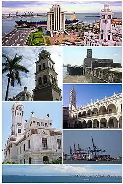 Top, from left to right: Cityscape with regional PEMEX headquarters, Cathedral of Veracruz, San Juan de Ulúa naval complex, Carranza Lighthouse, City Hall, City Port and skyline