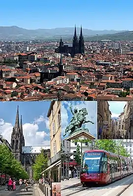 Photomontage: View of the historic center from Montjuzet Park (top)Victoire Square and Notre-Dame-de-l'Assomption Cathedral, Statue of Vercingétorix and Chaussetiers Street (middle)Basilica of Notre-Dame du Port (bottom).