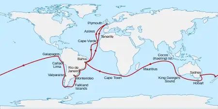 Plymouth, England, south to Cape Verde then southwest across the Atlantic to Bahia, Brazil, south to Rio de Janeiro, Montevideo, the Falkland Islands, round the tip of South America then north to Valparaiso, Chile, and Callao. North west to the Galapagos Islands before sailing west across the Pacific to New Zealand, Sydney, Hobart in Tasmania, and King George's Sound in Western Australia. Northwest to the Keeling Islands, southwest to Mauritius and Cape Town, then northwest to Bahia and northeast back to Plymouth.