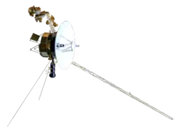 Model of a small-bodied spacecraft with a large, central dish and many arms and antennas extending from it