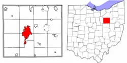 Location of Wooster in Wayne County and state of Ohio