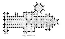 Plan of Wells Cathedral in England shows a second transept near the east end, an eastern "Lady Chapel" and octagonal chapter house for meetings.