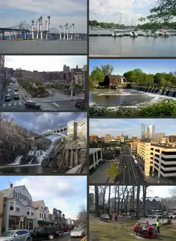 Clockwise from top: the old Tappan Zee Bridge (1955–2019) and new Tappan Zee Bridge; Mamaroneck Harbor; Philipsburg Manor; downtown White Plains; downtown Scarsdale; shops in Katonah; the New Croton Dam; Getty Square in Yonkers