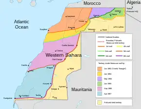 Western Sahara, the territory marked in yellow is controlled by the Polisario Front