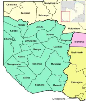 Map of Zambia showing the Western Province