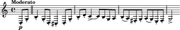  \relative c { \clef treble \time 4/4 \set Staff.midiInstrument = #"clarinet"  \tempo "Moderato" \partial 4*1 d8-.\p g-. \bar "||" b4-. g8-. d-. cis4-. d8-. g-. | b-. d-. c4->~ c8 b g a | b( a) fis-. g-. a( g) e-. fis-. | g2-> } 