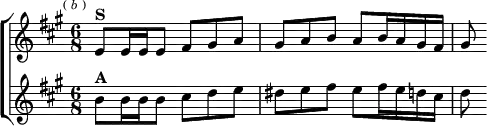  \new ChoirStaff <<
  \new Staff \relative e' { \key a \major \time 6/8 \mark \markup \tiny { ( \italic b ) }
    e8^\markup \bold "S" e16 e e8 fis gis a |
    gis a b a b16 a gis fis | gis8 }
  \new Staff \relative b' { \key a \major
    b8^\markup \bold "A" b16 b b8 cis d e |
    dis e fis e fis16 e d cis | d8 } >>