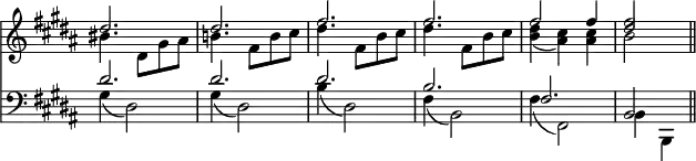 { \override Score.TimeSignature #'stencil = ##f << \new Staff { \time 3/4 \key gis \minor << \new Voice { \stemUp \relative d'' { dis2. dis fis fis fis2 fis4 <fis dis>2 \bar "||" } }
\new Voice { \stemDown \relative b' { bis4. dis,8 gis ais | b!4. fis8 b cis | dis4. fis,8 b cis | dis4. fis,8 b cis | <dis b>4_( <cis ais>) q | b2 } } >> }
\new Staff { \clef bass \key gis \minor << \new Voice { \stemUp dis'2. dis' dis' b fis b,2 }
\new Voice { \stemDown gis4_( dis2) | gis4_( dis2) | b4_( dis2) | fis4_( b,2) | fis4_( fis,2) | b,4 b,, } >> } >> }