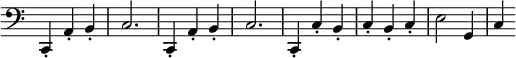 \relative c, { \clef bass \time 3/4 \override Score.TimeSignature #'stencil = ##f
  c4-. a'-. b-. c2. c,4-. a'-. b-. c2. c,4-. c'-. b-. c-. b-. c-. e2 g,4 c4 }