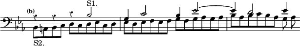 \new Staff <<
  \new Voice \relative b { \clef bass \key ees \major \time 6/4 \partial 4*5 \tempo \markup \tiny "(b)" \override Score.Rest #'style = #'classical \override Score.TimeSignature #'stencil = ##f \stemUp
    r4 r r bes2^"S1." g4 c2 bes4 ees2 ^~ | ees4 d2 ees4 }
  \new Voice \relative b, { \stemDown bes8_"S2." a bes c d c d ees c d | ees d ees f ees f g f g aes g aes | bes aes bes c bes aes g aes }
>>