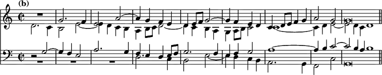 { << \new Staff << \time 2/2 \tempo "(b)"
  \new Voice \relative g' { \stemUp
    R1 | g2. f4 | e2 a ^~ | a4 g f e | d e8 f g2 ^~ | %end line 1
    g4 f e d | c d8 e f4 g | a2 g | g\breve*1/2 \bar "||" }
  \new Voice \relative d' { \stemDown
    d2. c4 | b2 e _~ | e4 d c b | a b8 c d2 _~ | d4 c b a | %eol 1
    g4 a8 b c2 | c1 _~ | c4 d e2 _~ | e2*1/2 d4*1/2 c d1*1/2 } >>
\new Staff << \clef bass
  \new Voice \relative g { \stemUp
    r2 g ^~ | g4 f e2 | a2. g4 | f e d e8 f | g2. f4 | %end line 1
    e f g2 | a1 ^~ | a4 b c2 ^~ | c2*1/2 b4*1/2 a b1*1/2 }
  \new Voice \relative d { \stemDown
    \override MultiMeasureRest.staff-position = #-4
    R1 R R d2. c4 b2 e _~ | %end line 1
    e4 d c b | a2. g4 | f2 c' | g\breve*1/2 } >> >> }