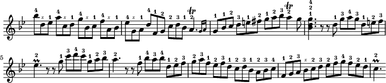 \relative b'' { \key bes \major \time 12/8 \override Score.TimeSignature #'stencil = ##f \set strokeFingerOrientations = #'(up) \set fingeringOrientations = #'(up) \set Staff.midiInstrument = #"clav"
  bes8-4 d,\rightHandFinger #5 ees-1
    a-4 c,\rightHandFinger #5 d-1
    g-4 bes,\rightHandFinger #5 c-1
    f-4 a,\rightHandFinger #5  bes-1 |
  ees-4 g,\rightHandFinger #5 a-1
    d-4 f,-1 g-2 c-2 d-3 bes-1 \afterGrace a4.-2\trill { g16 a } |
  g8-1 bes-1 c-2 d-3 e-1 fis-2 g-1 a-2 bes-3 a4-2\trill g8 |
  <g-4 d-2 bes-1>4. r8 r d-1 g-3 a-4 g-3 d-1 e-2 f-3 |
  ees4.-2\prall r8 r g-1 c-3 d-4 c-3 g-1 a-2 bes-3 |
  a4.-2 r8 r f-1 bes-4 a-3 bes-4 d,-1 ees-2 f-3 |
  g-2 a-3 f-1 ees-2 f-3 d-1 c-2 d-3 bes-1 a-2 bes-3 c-4 |
  f,-1 g-2 a-3 bes\rightHandFinger #5 c-2 d-3
    ees-2 f-3 g-4 f-3 ees-2 d-1 |
  c4.-2\prall }