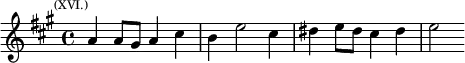 \relative a' { \key a \major \time 4/4 \mark \markup \tiny { (XVI.) } a4 a8 gis a4 cis | b e2 cis4 | dis e8 dis cis4 dis | e2 }