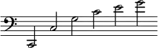 { \override Score.TimeSignature #'stencil = ##f \clef bass \cadenzaOn c,2 c g c' e' g'}