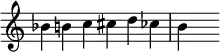 { \override Score.TimeSignature #'stencil = ##f \time 6/4 \relative c'' { bes4 b c cis d ces | b s } }