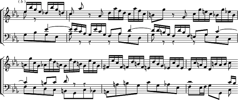 \new ChoirStaff << \override Score.Rest #'style = #'classical \override Score.TimeSignature #'stencil = ##f \override Score.BarNumber #'break-visibility = #'#(#f #f #f)
  \new Staff \relative e'' { \key ees \major \time 4/4 \partial 2 \mark \markup \tiny { (\italic"b") }
    << { ees16 bes' g ees des bes' g d | c8 aes' } \\ { ees8 r s4 c } >>
    r8 aes d16 aes' f d c aes' f c | %over the page
    b8 g' r g, c16 g' e c bes g' ees bes |
    a g' c, g aes f' d a g f' d b g ees' c g |
    fis ees' c fis, f d' b f e d' b g ees c' g ees |
    d c' a f d b' a b c8 }
  \new Staff \relative e' { \clef bass \key ees \major <<
    { s4 ees ^~ | ees16 ees c aes g ees' c g f8 aes d4 ^~ | %over page
      d16 d b g f d' b f e8 g c4 ^~ |
      c b8 c d r r4 | s1 | r2 c16[ bes] } \\
    { g8 bes g ees | aes r r4 r8 aes f d | %over page
      g8 r8 r4 r8 g e c | f ees d c b g c bes |
      a a' b g c g aes ees | f ees16 f g8 g, c } >> } >>