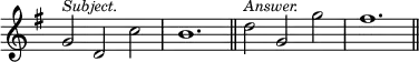 { \override Score.TimeSignature #'stencil = ##f \time 3/2 \key g \major \relative g' { g2^\markup { \smaller \italic Subject. } d c' b1. \bar "||" d2^\markup { \smaller \italic Answer. } g, g' fis1. \bar "||" } }