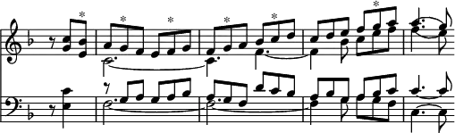 << \new Staff { \override Score.TimeSignature #'stencil = ##f \time 6/8 \key f \major \partial 4. << \new Voice { \relative c'' { \stemUp r8 <c g>8 <bes e,>^"*" | a g^"*" f e f^"*" g | f g^"*" a bes c^"*" d | c d e f g^"*" a | a4.( g8) } } \new Voice { \relative c' { \stemDown s4. c2. _~ c4. f _~ f4 bes8 c e f | f4.( e8) } } >> }
\new Staff { \clef bass \key f \major << \new Voice { \stemUp s4. r8 g a g a bes | a g f d' c' bes | a bes g a bes c' | c'4. ~ c'8 } \new Voice { \stemDown r8 <e c'>4 | f2. _~ f _~ f4 g8 a g f | c4. ~ c8 } >> } >>