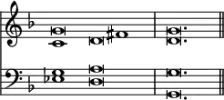 { \override Score.TimeSignature #'stencil = ##f
  \key d \minor \time 3/1
  << \clef treble {
   <<
    { g'\breve fis'1 | g'\breve. \bar "||" }
     \\
    { c'1 d'\breve | d'\breve. }
   >> }
 \new Staff { \clef bass \key d \minor
  <<
    { g1 a\breve | g\breve. }
     \\
     { ees1 d\breve | g,\breve. }
    >> }
  >> 
}