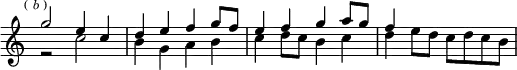 \relative g'' { \key c \major \time 2/2 \override Score.TimeSignature #'stencil = ##f \mark \markup \tiny { (\italic"b") } << { g2 e4 c | d e f g8 f | e4 f g a8 g | f4 } \\ { r2 c2 | b4 g a b | c d8 c b4 c | d e8 d c d c b } >> }