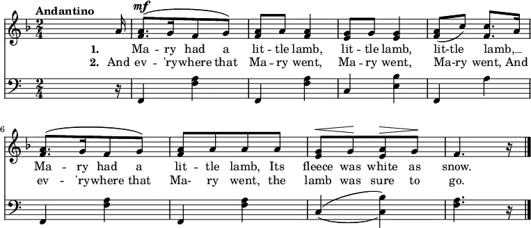 
\relative c'' {
  <<
    \new Staff { 
      \time 2/4
      \tempo "Andantino"
      \key f \major
      s4. s16 a16 | 
      <f a>8.^\mf^\([ g16 f8 g]\)
      <f a> a <f a>4
      <e g>8 g <e g>4
      <f a>8( c') <f, c'>8. a16
      <f a>8.^\([ g16 f8 g]\)
      <f a>8[ a a a]
      <e g>[^\< g\! <e a>^\> g]\!
      f4. r16
      \bar "|."
    }
    \addlyrics {
      \set stanza = #"1. "
      _ Ma -- ry had a
      lit -- tle lamb,
      lit -- tle lamb,
      lit-tle lamb, __ _
      Ma -- ry had a
      lit -- tle lamb,
      Its fleece was
      white as snow.
    }
    \addlyrics {
      \set stanza = #"2. "
      And
      ev -- 'ry -- where that
      Ma -- ry went,
      Ma -- ry went,
      "Ma-ry" went, And
      ev -- 'ry -- where that
      Ma- ry went,
      the lamb was sure to go.
    }
    \new Staff {
      \clef "bass"
      s4. s16 r16 | 
      f,,4 <f' a>
      f, <f' a>
      c <e b'>
      f, a'
      f, <f' a>
      f, <f' a>
      \set doubleSlurs = ##t
      c( <c b'>)
      <f a>4. r16
    }
  >>
}
