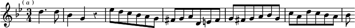 
\relative d'' { \key g \minor \time 3/4 \override Score.Rest #'style = #'classical \partial 2 \mark \markup \tiny { ( \italic a ) } d4. d8 | bes4 g r | ees'8[ d c bes a g] | fis[ g a d, e fis] | g[ fis g a bes g] | c[ a d c bes a] | bes }