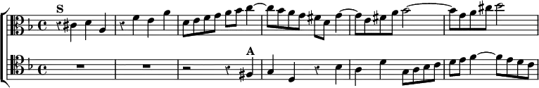  \new ChoirStaff << \override Score.Rest #'style = #'classical
  \new Staff \relative c' { \clef alto \key d \minor \time 4/4
    r4^\markup \bold "S" cis d a | r f' e a |
    d,8 e f g a bes c4 ~ | c8 bes a g fis d g4 ~ |
    g8 e fis a bes2 ~ | bes8 g a cis d2 }
  \new Staff \relative f { \clef tenor \key d \minor R1*2
    r2 r4 fis^\markup \bold "A" | g d r bes' |
    a d g,8 a bes c | d e f4 ~ f8 e d c } >> 