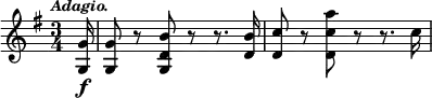 { \time 3/4 \key g \major \tempo \markup { \smaller \italic Adagio. } \partial 16 \relative g' { <g g,>16\f <g g,>8 r <b d, g,> r r8. <b d,>16 <c d,>8 r <a' c, d,> r r8. c,16 } }