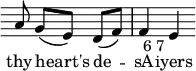 { \override Score.TimeSignature #'stencil = ##f \override Score.Clef #'stencil = ##f \relative a' { \partial 8*5 a8 g([ e]) d( f) | f4-" 6 7" e }
\addlyrics { thy heart's de -- sA -- iyers } }