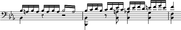 { \override Score.Rest #'style = #'classical \override Score.TimeSignature #'stencil = ##f \new Staff << \clef bass \key ees \major \new Voice \relative b { \stemUp bes16 a bes a bes a bes a \repeat tremolo 4 { bes16 a } | bes c d bes c d ees c d ees f d e f g e | f4 }
\new Voice \relative b, { \stemDown bes4 r r2 | <bes bes,>4 r8 <bes a'> <bes aes'>4 <bes g'> | <bes f'> } >> }