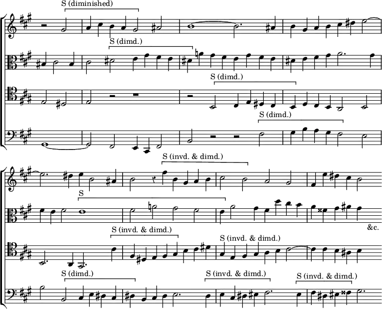 \new ChoirStaff << \override Score.BarNumber #'break-visibility = #'#(#f #f #f) \override Score.Rest #'style = #'classical \override Score.TimeSignature #'stencil = ##f
  \new Staff \relative g' { \key a \major \time 4/2 \partial 1
    r2 \[ gis^"S (diminished)" | a4 cis b a gis2 \] ais |
    b1 ~ b2. ais4 | b gis a b cis dis e2 ~ |
    e2. dis4 e b2 ais4 | b2 r4 \[ fis'^"S (invd. & dimd.)" b, gis a b
    cis2 b \] a gis | fis4 e' dis cis b2 s4 }
  \new Staff \relative b { \clef alto \key a \major
    bis4 cis2 bis4 | cis2 \[ dis^"S (dimd.)" e4 gis fis e |
    dis \] a'! gis fis e gis fis e | dis e fis gis a2. gis4 |
    fis e fis2 \[ e1^"S" | fis2 a! gis fis |
    e4 \] a2 gis4 fis d' cis b | a fisis gis ais gis s2_"&c." }
  \new Staff \relative e { \clef tenor \key a \major
    e2 dis | e r r1 | r2 \[ b^"S (dimd.)" cis4 e dis cis |
    b \] d cis b a2 b | b2. a4 gis2. \[ cis'4^"S (invd. & dimd.)" |
    fis, dis e fis gis \] b cis dis |
    gis,^"S (invd. & dimd.)" e fis gis a b cis2 ~ |
    cis4 cis b ais b s2 }
  \new Staff \relative g, { \clef bass \key a \major
    gis1 ~ gis2 fis e4 cis fis2 | b r r \[ fis'^"S (dimd.)" |
    gis4 b a gis fis2 \] e | b' \[ b,^"S (dimd.)" cis4 e dis cis |
    dis \] b cis dis e2. \[ dis4^"S (invd. & dimd.)" |
    e cis dis eis fis2. \] \[ eis4^"S (invd. & dimd.)" |
    fis dis eis fisis \] gis2. } >>