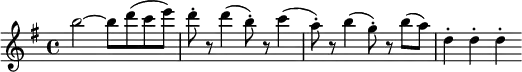 { \time 4/4 \key g \major \relative c''' { b2 ~ b8 d( c e) | d8-. r d4( b8)-. r c4( | a8)-. r b4( g8)-. r b( a) | d,4-. d-. d-. } }